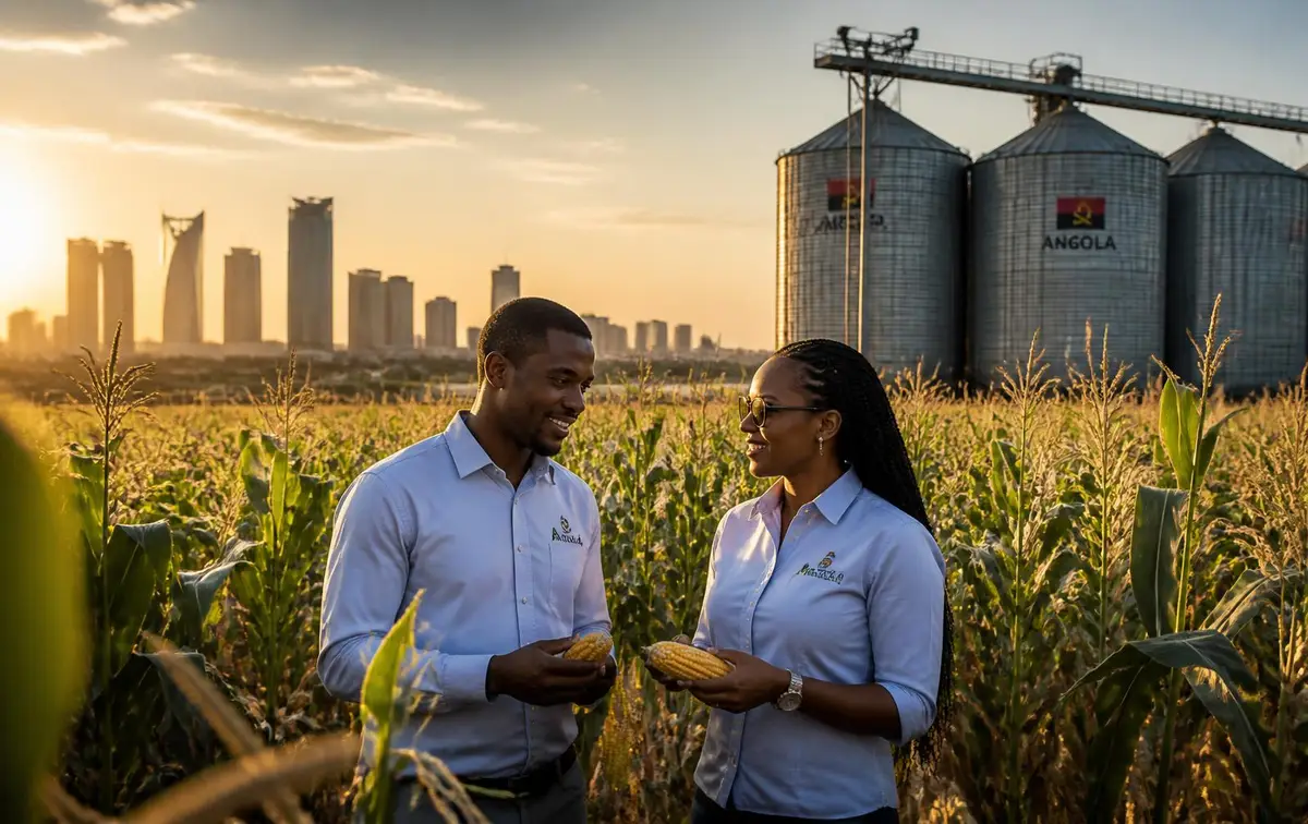 Empresários angolanos num campo de milho com silos e a cidade ao fundo